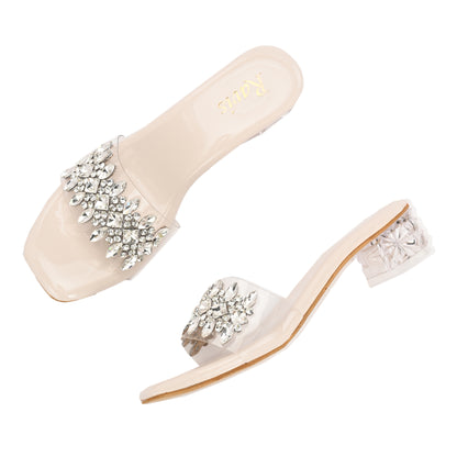 Ravis Crystal Transparent Block Heels – Stylish Slip-On Sandals for Women
