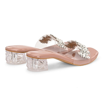 Ravis Crystal Transparent Block Heels – Stylish Slip-On Sandals for Women