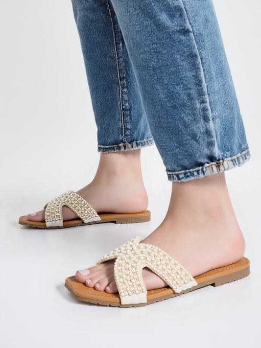 RAVIS Sheshell Pearl Embellished Slip-On Slippers