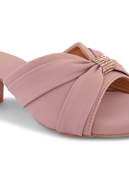 Ravis Women's Ruched Block Heel Sandals with Rhinestone Detail