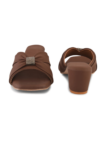 Ravis Women's Ruched Block Heel Sandals with Rhinestone Detail