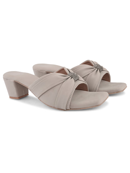 Ravis Women's Ruched Block Heel Sandals with Rhinestone Detail