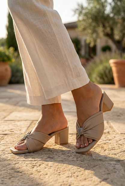 Ravis Women's Ruched Block Heel Sandals with Rhinestone Detail