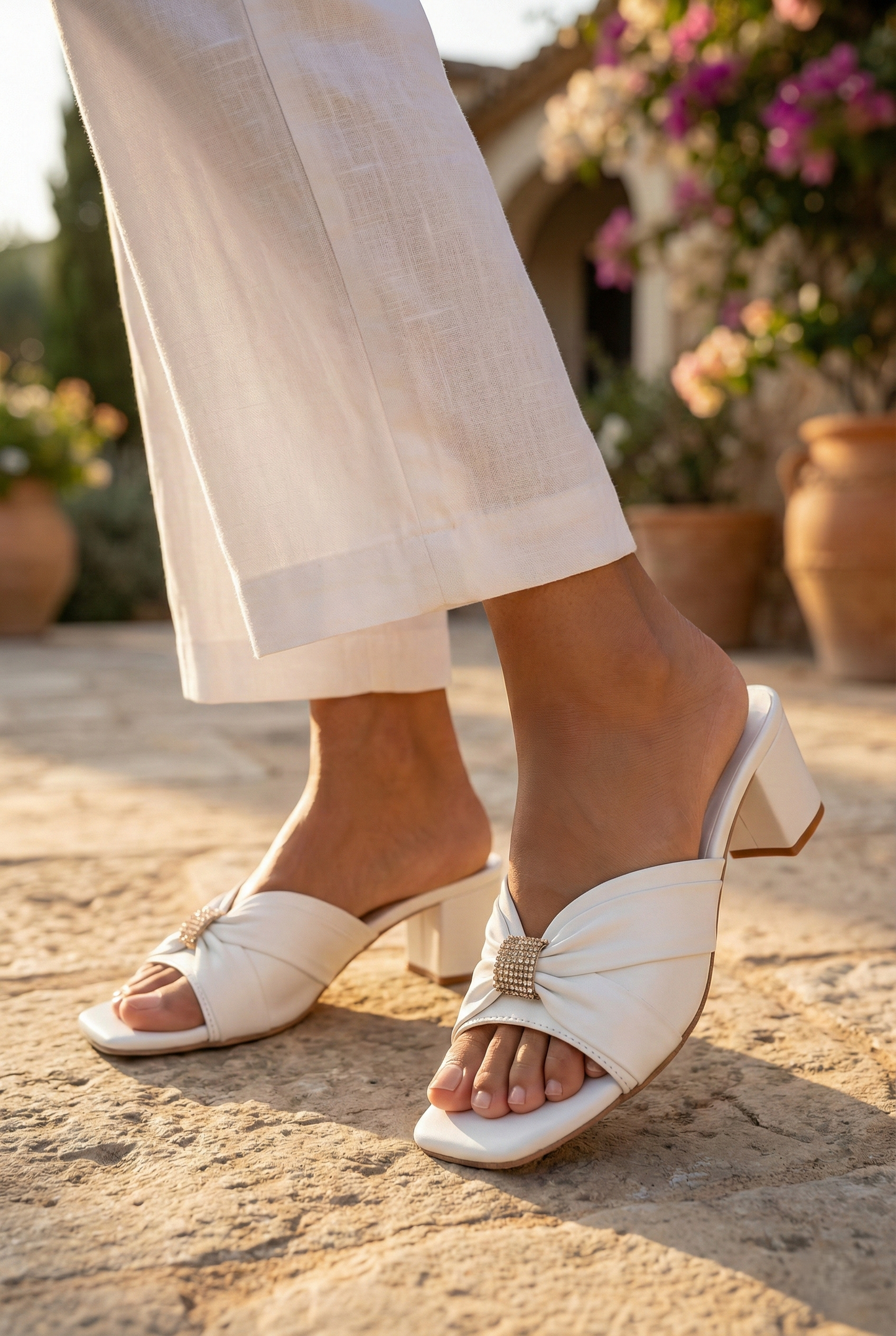 Ravis Women's Ruched Block Heel Sandals with Rhinestone Detail